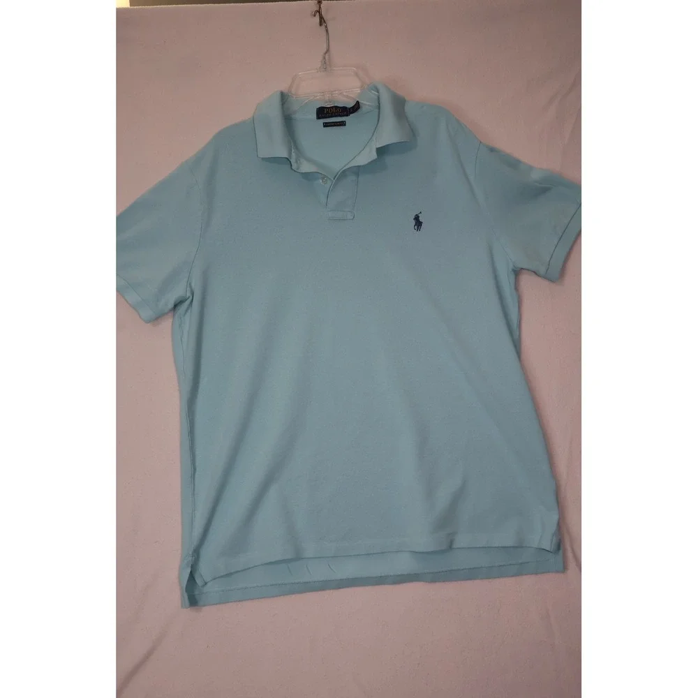 Polo Ralph Lauren Mens‎ Custom Slim Fit Cotton Mesh Polo Shirt Light Blue Large